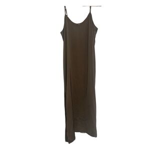 Aerie Olive Green Maxi Satin Slip Dress, Raw Hem, Leg Slits, Size Large